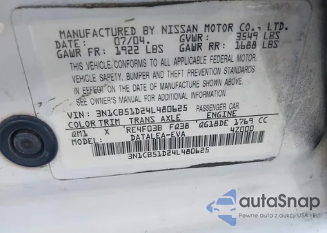 2004 Nissan Sentra 1.8S z USA, uszkodzony, nr VIN 3N1CB51D24L480625